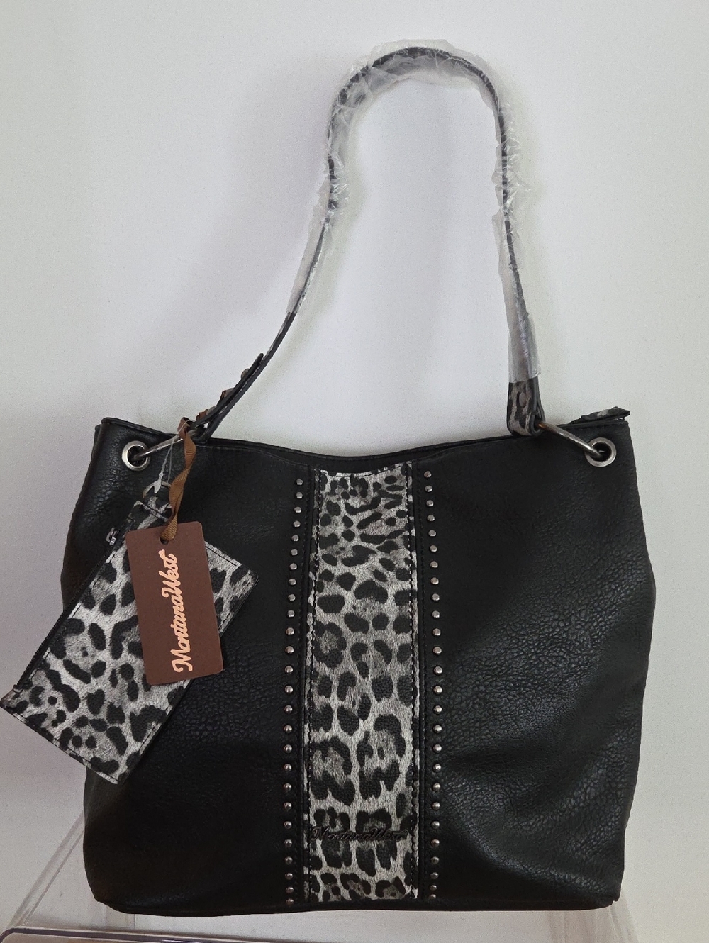 Montana West NWT Black Shoulder Bag with Leopard Accent & Card Case